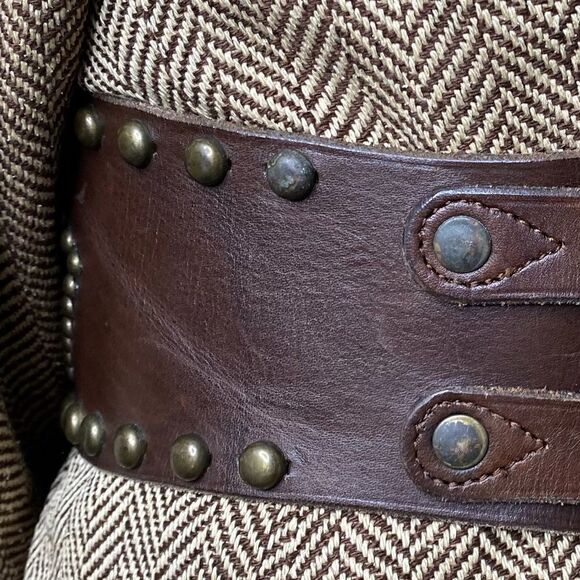 RRL * Distressed Brown Vachetta Leather Playing Card Brass Stud Kidney Belt - Picture 12 of 16